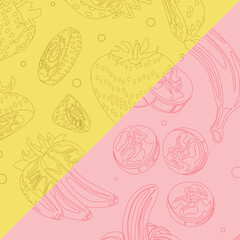 Bicolor background with linear bananas and strawberries. Vector illustration. Suitable for print, social media and backdrops.