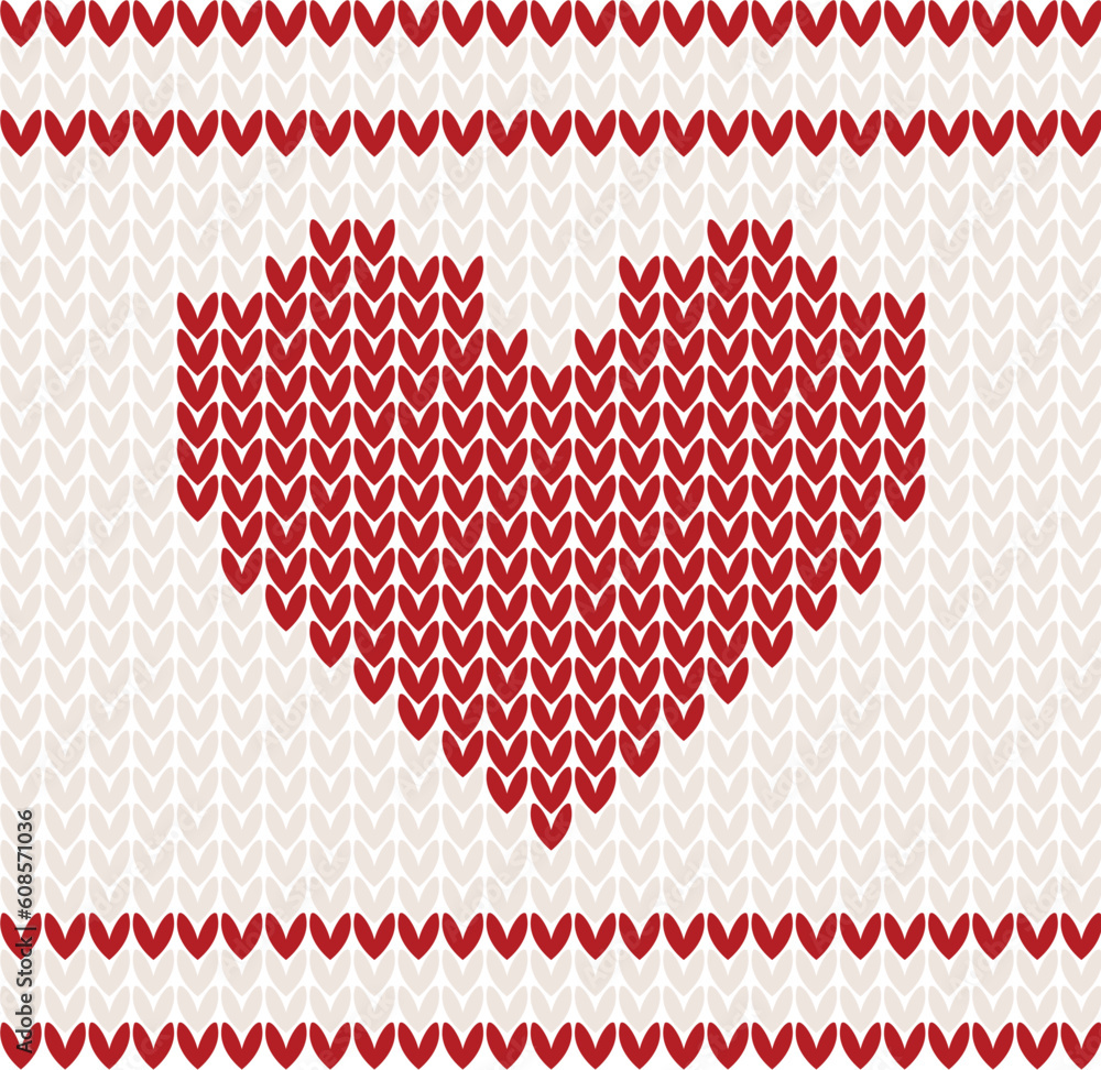 Poster knitted vector pattern with red heart