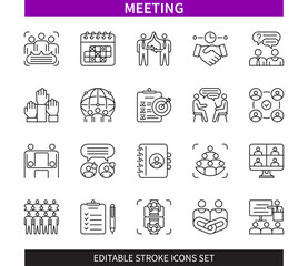 Editable line Meeting outline icon set. Communication, cooperation, crowd, online conference, contact, training, scheduling. Editable stroke icons EPS