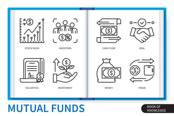 Mutual funds infographics elements set. Securities, cash flow, money, investors, stock index, trade, deal, investment. Web vector linear icons collection