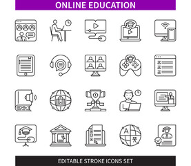 Editable line Online education outline icon set. E Learning, Video Lessons, Online Test, E Book, Webinar, Online Library, Certificate, Lesson. Editable stroke icons EPS