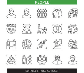 Editable line People outline icon set. Human, man, woman, crowd, elderly, family, children, organization, communication. Editable stroke icons EPS