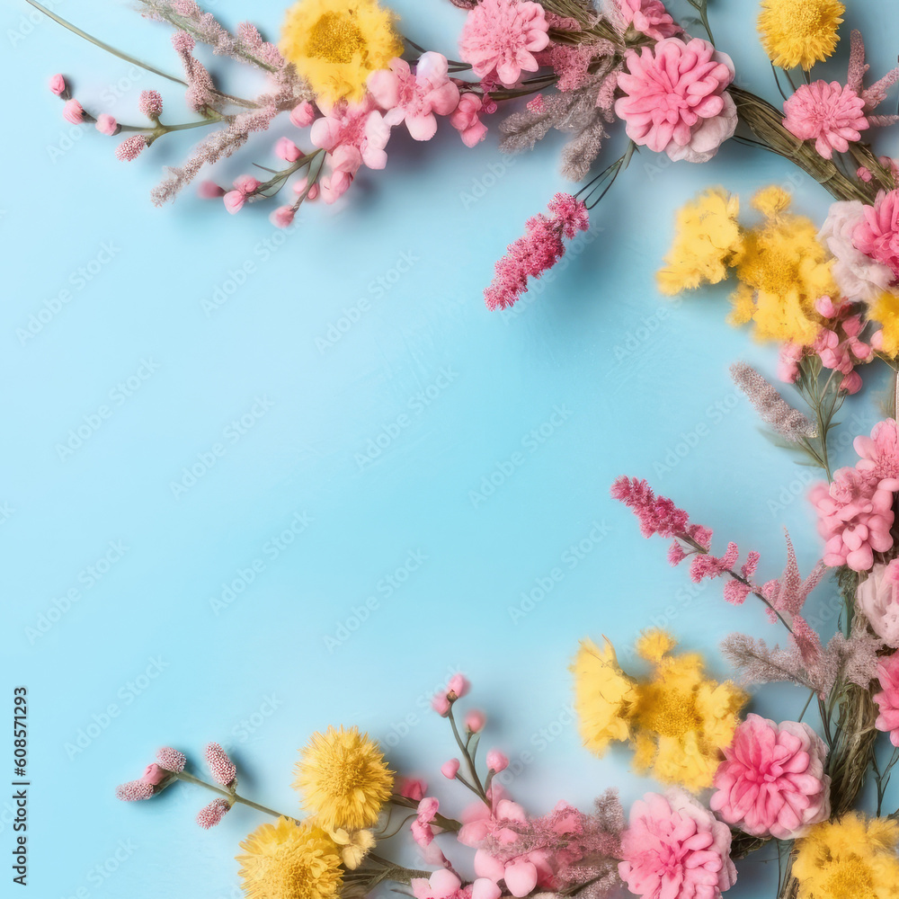Wall mural Festive spring flowers on blue background. Top view. Copy space. Birthday, Mother's, Valentines, Women's, Wedding Day concept. Generative AI - Wall murals