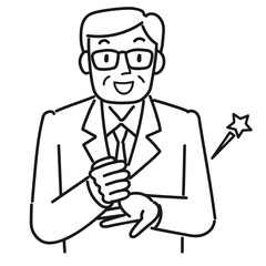 ポンと手を打つスーツを着たシニア男性の上半身