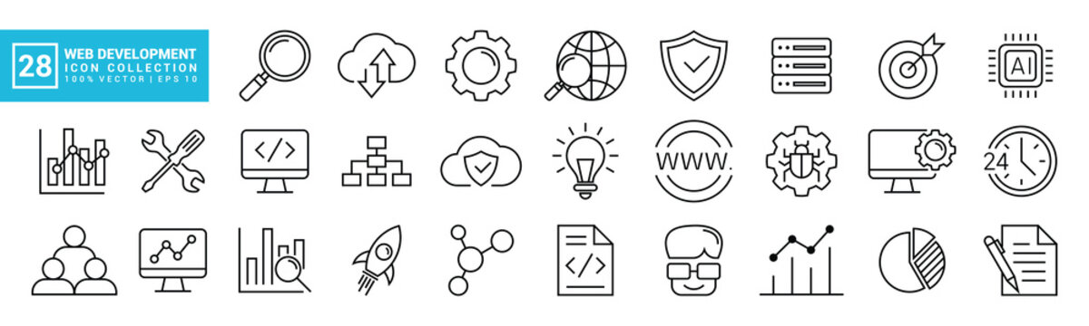 Collection of icons for website developer, programmer, code, application, connection, editable and resizable vector icons EPS 10.