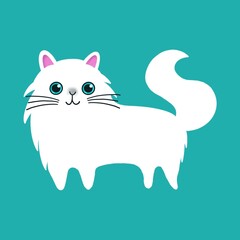Cute fluffy little cat is walking. White tabby cat. Cartoon vector illustration.