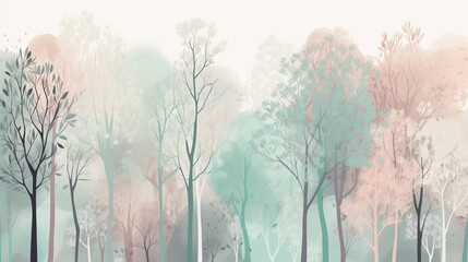 Forest wallpaper background in pastel colors. Generative AI