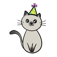 Cute gray cat in Christmas hat sitting.Vector illustration.