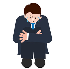 不安で膝を抱えているスーツの男性のイラスト