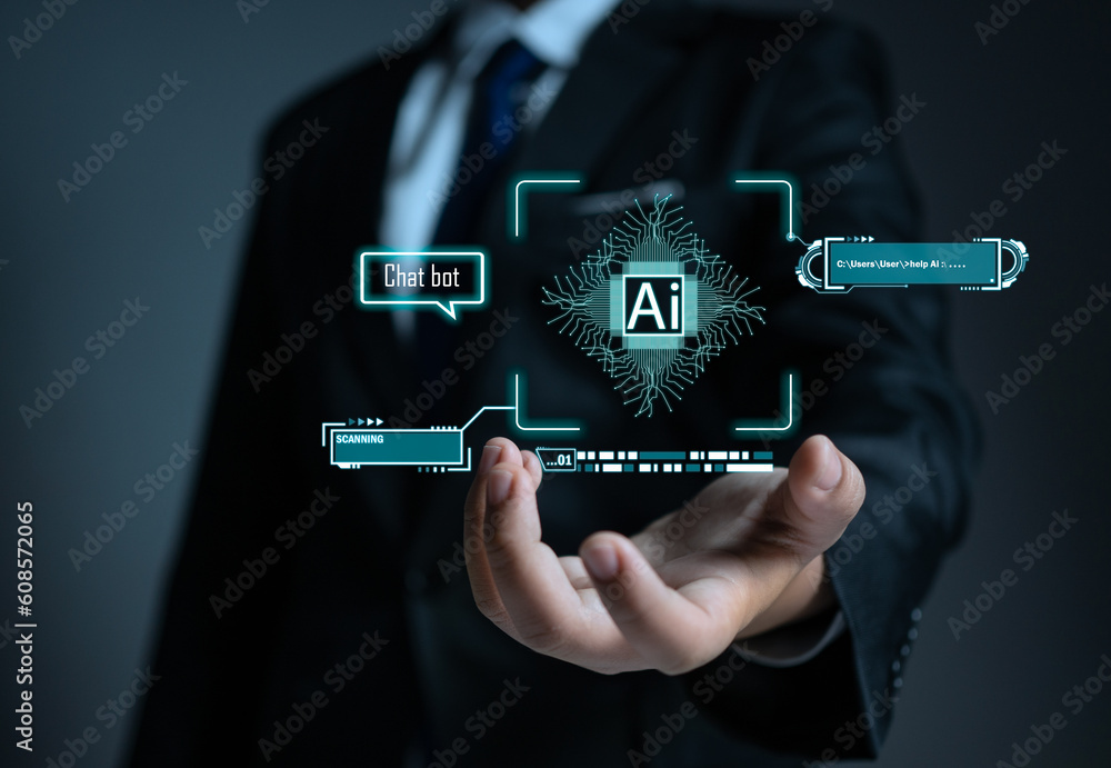 Poster bussiness man holding brain of ai, symbolic, machine learning, artificial intelligence of futuristic