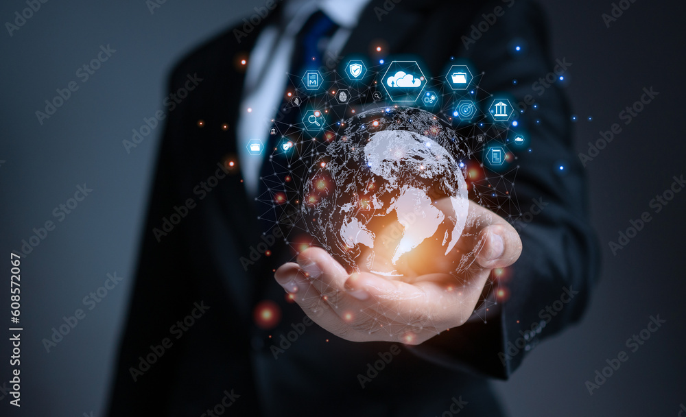 Poster businessman holding globe with virtual global internet connection. global internet connection applic