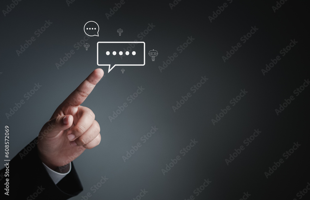 Poster businessman hand pointing at chat icon on digital web communication application and social network c