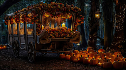 Naklejka premium Halloween horse carriage with pumpkin and candles in the park