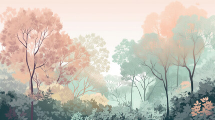 Forest wallpaper background in pastel colors. Generative AI