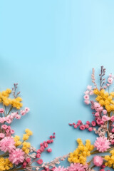 Fototapeta na wymiar Festive spring flowers on blue background. Top view. Copy space. Birthday, Mother's, Valentines, Women's, Wedding Day concept. Generative AI