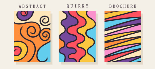 Quirky posters. Colorful randome freehand shapes. Cheerful stylized children's creativity. Trendy composition from brush strokes and spots. Vector template