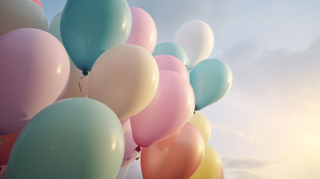 Pastel colors balloons on sky background. Generative AI