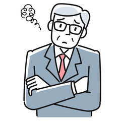 困った表情のスーツを着たシニア男性の上半身