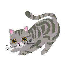 A cute little cat is having fun playing. Happy long tailed gray striped cat cartoon vector illustration