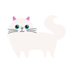 Cute fluffy little cat is walking. White tabby cat. Cartoon vector illustration.