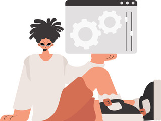 The person is holding a browser window with gears. SEO and web analyzing point. Limited. Trendy style, Vector Illustration