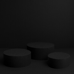 Abstract black stage with two round podiums mockup for presentation cosmetic products, goods, advertising, design, showing, display, sale, text with soft gradient in beauty fashion style, square.