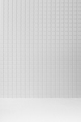 White abstract kitchen interior or scene mockup white tiny tile wall, wood floor for display, presentation of cosmetics products, goods, design, vertical. Elegant stage in summer mediterranean style.