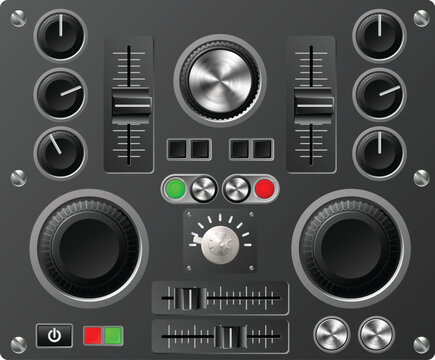 Mixing desk production sound or video desk console sliders, buttons, knobs and switches