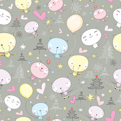 seamless pattern of funny cats and Christmas trees and hearts