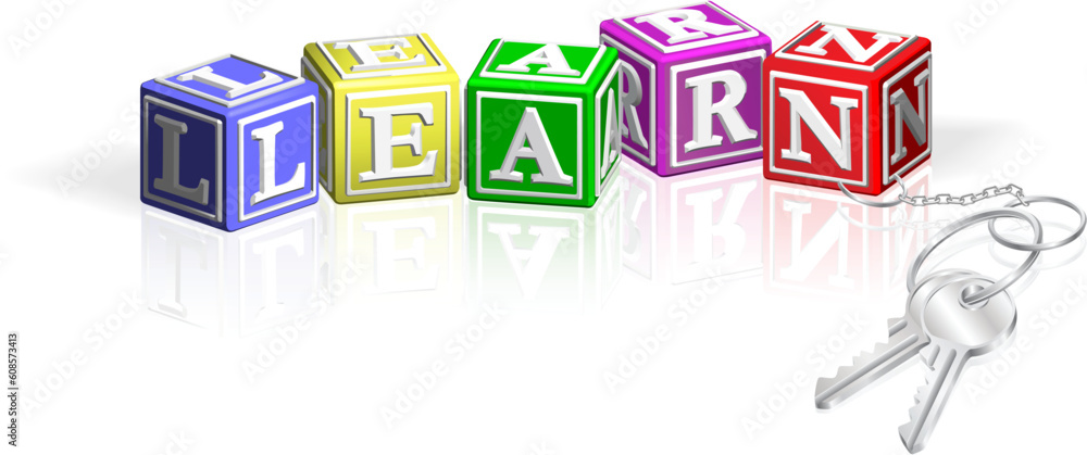 Poster Learn alphabet blocks attached to keys. Concept for access to learning.