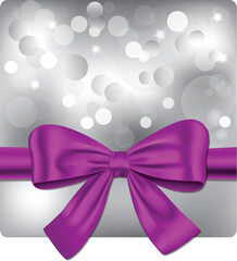 Christmas background with violet ribbon. Gift card. Vector illustration