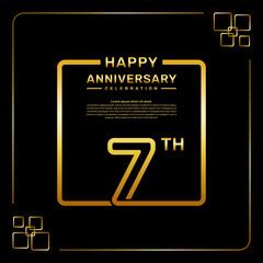7 year anniversary celebration logo in golden color, square style, vector template illustration