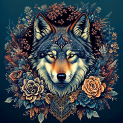Portrait of wolf surrounded by flowers in dark background, created with Generative AI.