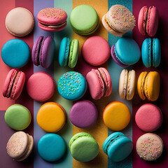 Fototapeta na wymiar Cakes macaron or macaroon on striped background, colorful vibrant almond cookies, brightl colors.