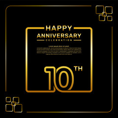 10 year anniversary celebration logo in golden color, square style, vector template illustration