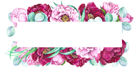 Watercolor illustration banner frame made of peony buds in pink magenta color and eucalyptus leaves isolated on transparent background © Marina