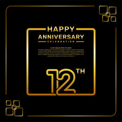 12 year anniversary celebration logo in golden color, square style, vector template illustration