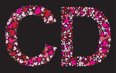 Letter C, D. Valentine alphabet set with heart. Vector font.