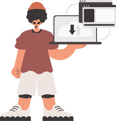 The person is holding a tablet in which information is being synchronized. Compelled. Trendy style, Vector Illustration