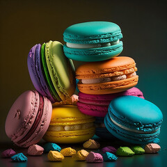 Cakes macaron or macaroon stack on dark background, colorful vibrant almond cookies, bright colors.