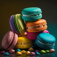 Türaufkleber Cakes macaron or macaroon stack on dark background, colorful vibrant almond cookies, bright colors. © marylooo