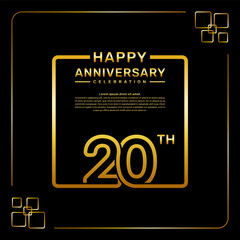 20 year anniversary celebration logo in golden color, square style, vector template illustration