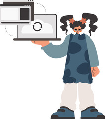 The energized woman is holding a tablet in which data is being synchronized. Restricted. Trendy style, Vector Illustration