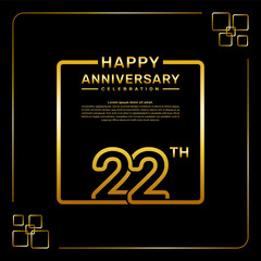 22 year anniversary celebration logo in golden color, square style, vector template illustration