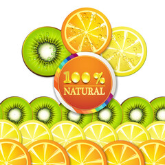 Background with slice of orange, kiwi, and lemon with percentage quality
