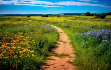 A Journey through Nature's Canvas: Exploring a Vibrant Field via a Tranquil Pathway, Generative AI