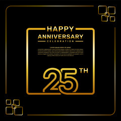 25 year anniversary celebration logo in golden color, square style, vector template illustration
