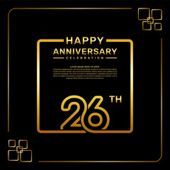 26 year anniversary celebration logo in golden color, square style, vector template illustration
