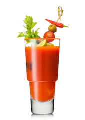 Glass of bloody mary cocktail with olive and celery and red paper on cocktail stick on white background.