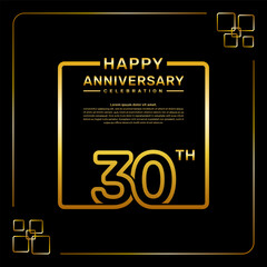 30 year anniversary celebration logo in golden color, square style, vector template illustration